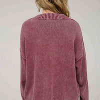 Burgundy Washed V Neck Long Sleeve Oversized Knit Sweater