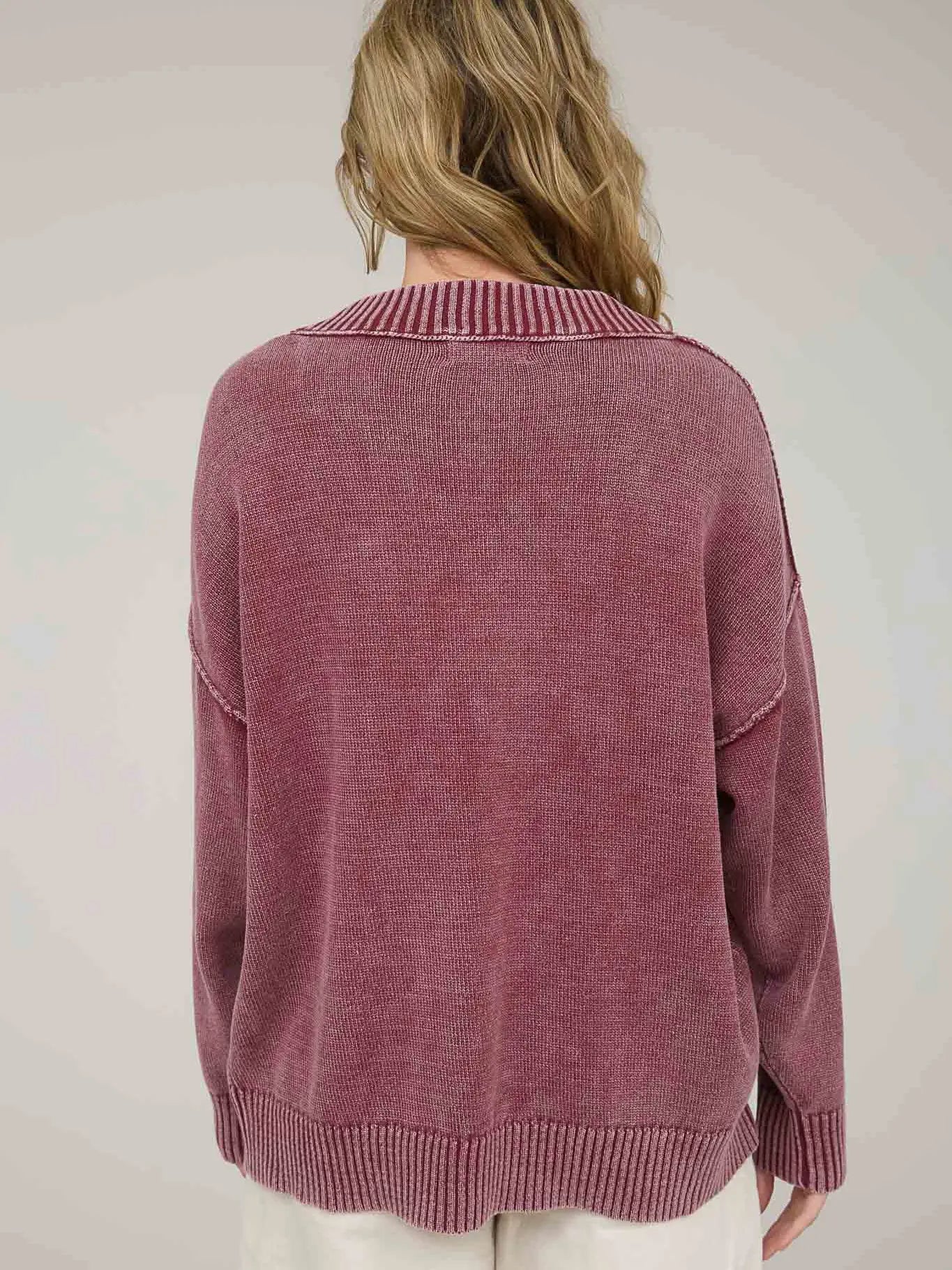 Burgundy Washed V Neck Long Sleeve Oversized Knit Sweater