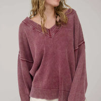 Burgundy Washed V Neck Long Sleeve Oversized Knit Sweater