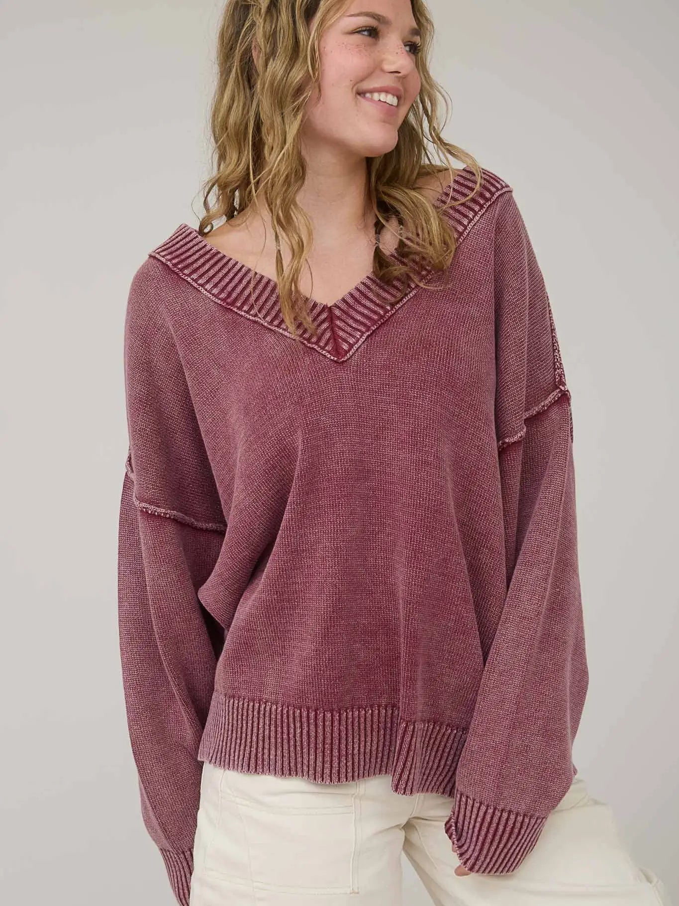 Burgundy Washed V Neck Long Sleeve Oversized Knit Sweater