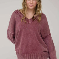 Burgundy Washed V Neck Long Sleeve Oversized Knit Sweater