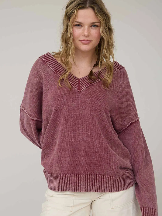 Burgundy Washed V Neck Long Sleeve Oversized Knit Sweater