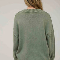 Olive Washed V Neck Long Sleeve Oversized Knit Sweater