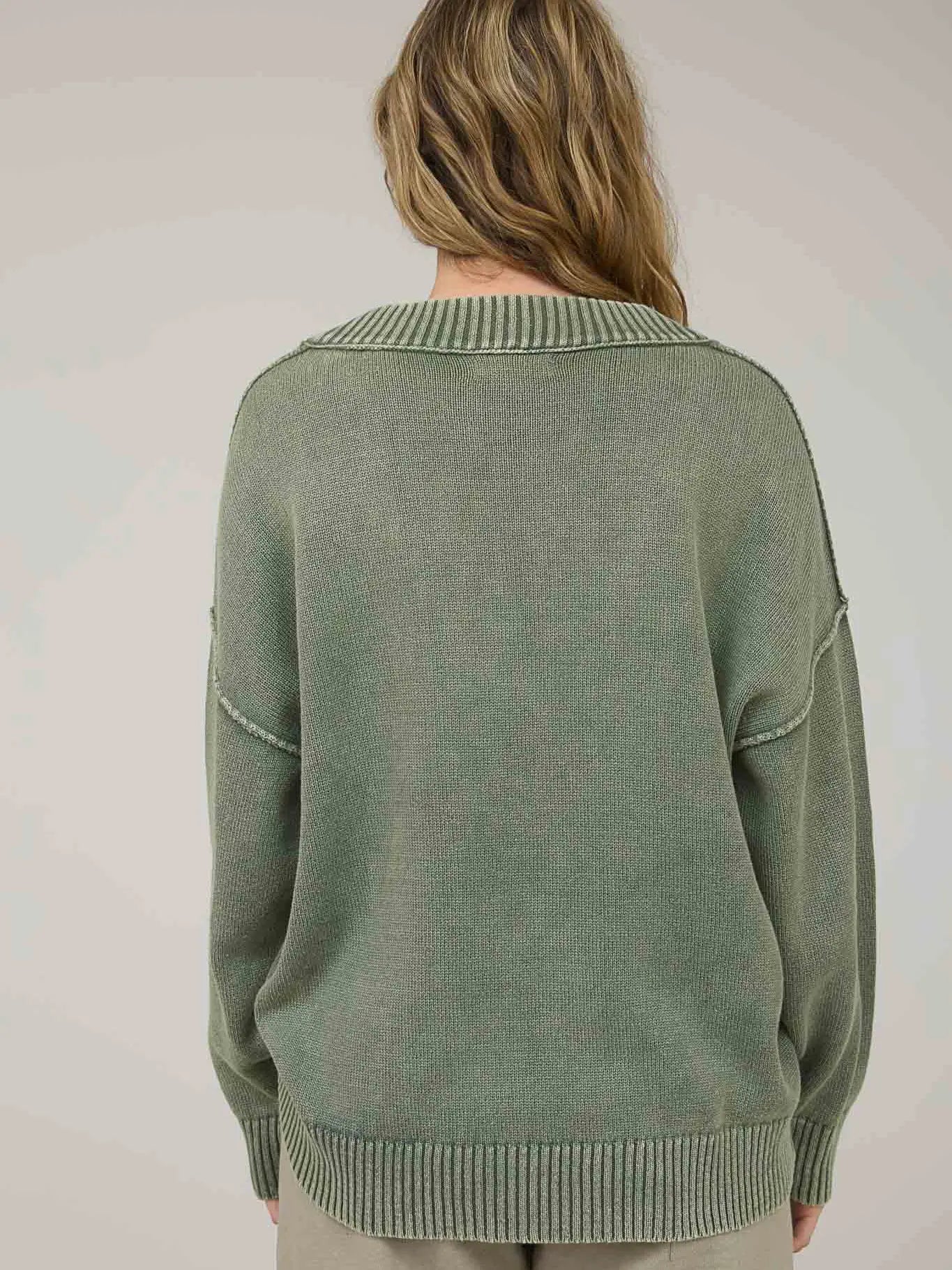 Olive Washed V Neck Long Sleeve Oversized Knit Sweater