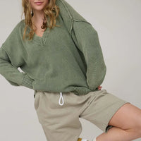 Olive Washed V Neck Long Sleeve Oversized Knit Sweater