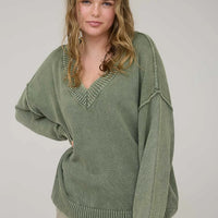 Olive Washed V Neck Long Sleeve Oversized Knit Sweater