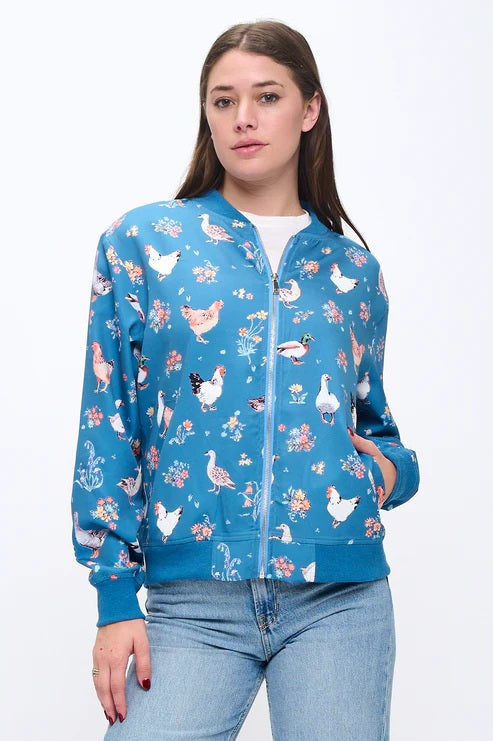 Ducks And Chicken Floral Print Bomber Jacket