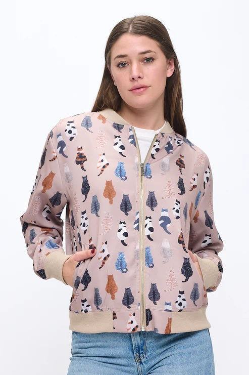 Whimsical Cat Tails Print Bomber Jacket