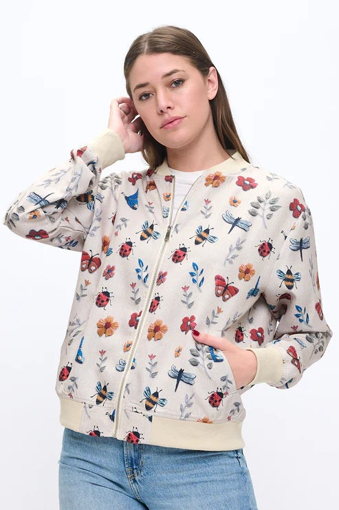 Floral Flutter And Buzz Print Bomber Jacket