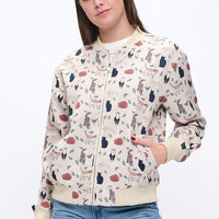 Playful Cats And Leaves Print Bomber Jacket