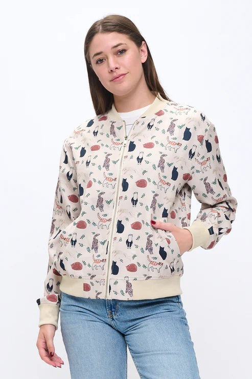 Playful Cats And Leaves Print Bomber Jacket