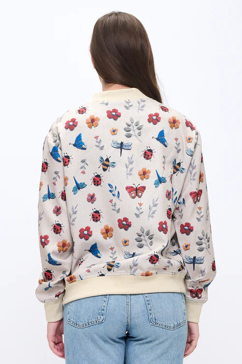 Floral Flutter And Buzz Print Bomber Jacket