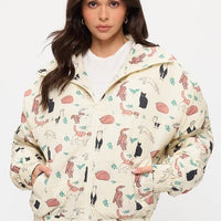 Playful Cats And Leaves Print Jacket