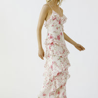 Pink Floral Rufled Slip Midi Dress