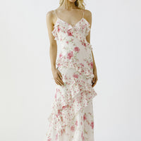 Pink Floral Rufled Slip Midi Dress