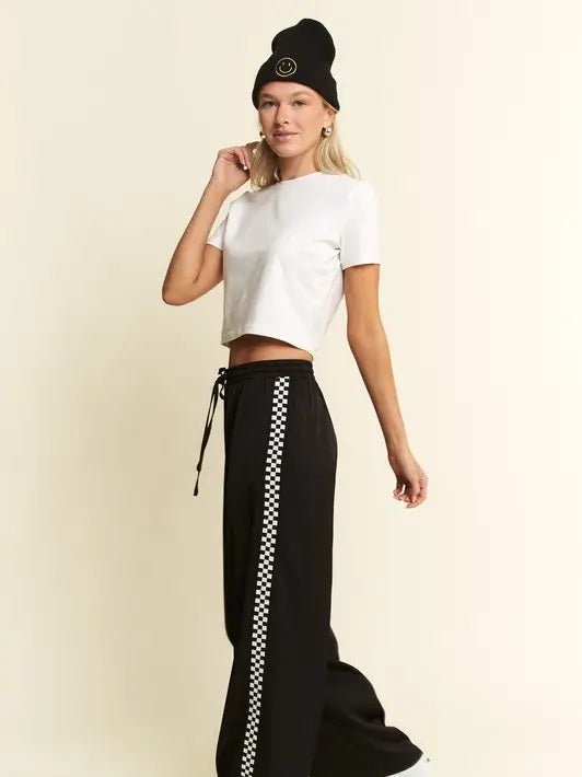 Solid Satin Sweatpants with Side Checkerboard Tape