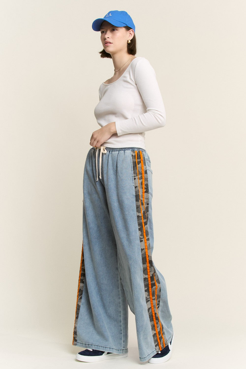Camo Side Stripe Wide Leg Denim Pants