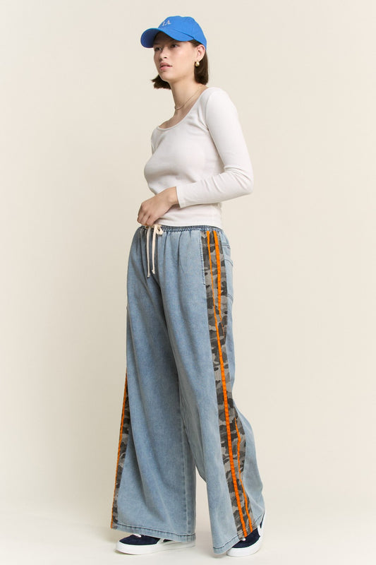 Camo Side Stripe Wide Leg Denim Pants