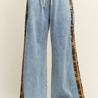 Camo Side Stripe Wide Leg Denim Pants