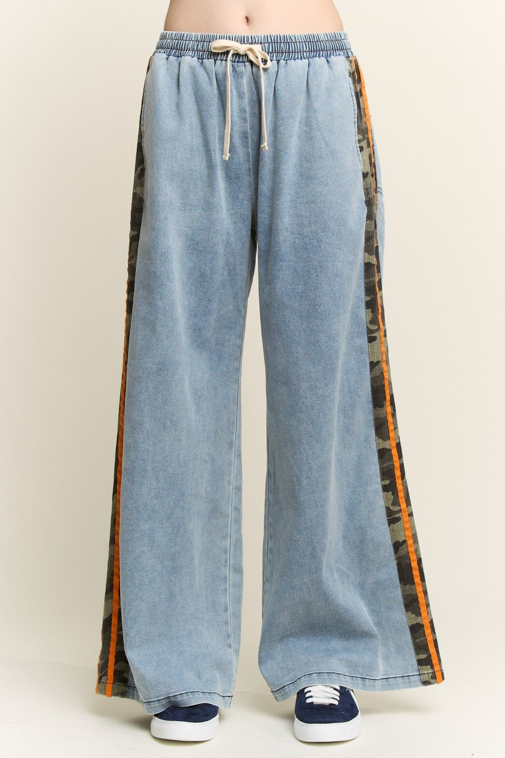 Camo Side Stripe Wide Leg Denim Pants