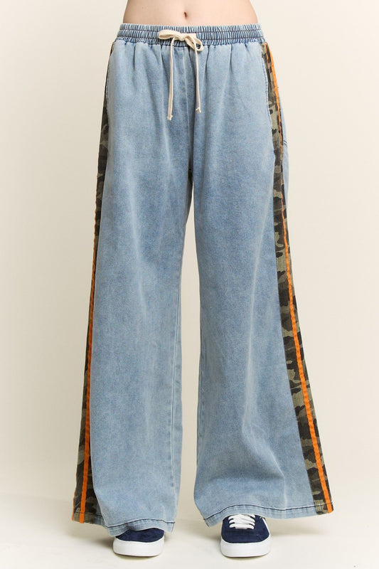 Plus Camo Side Stripe Wide Leg Denim Pants
