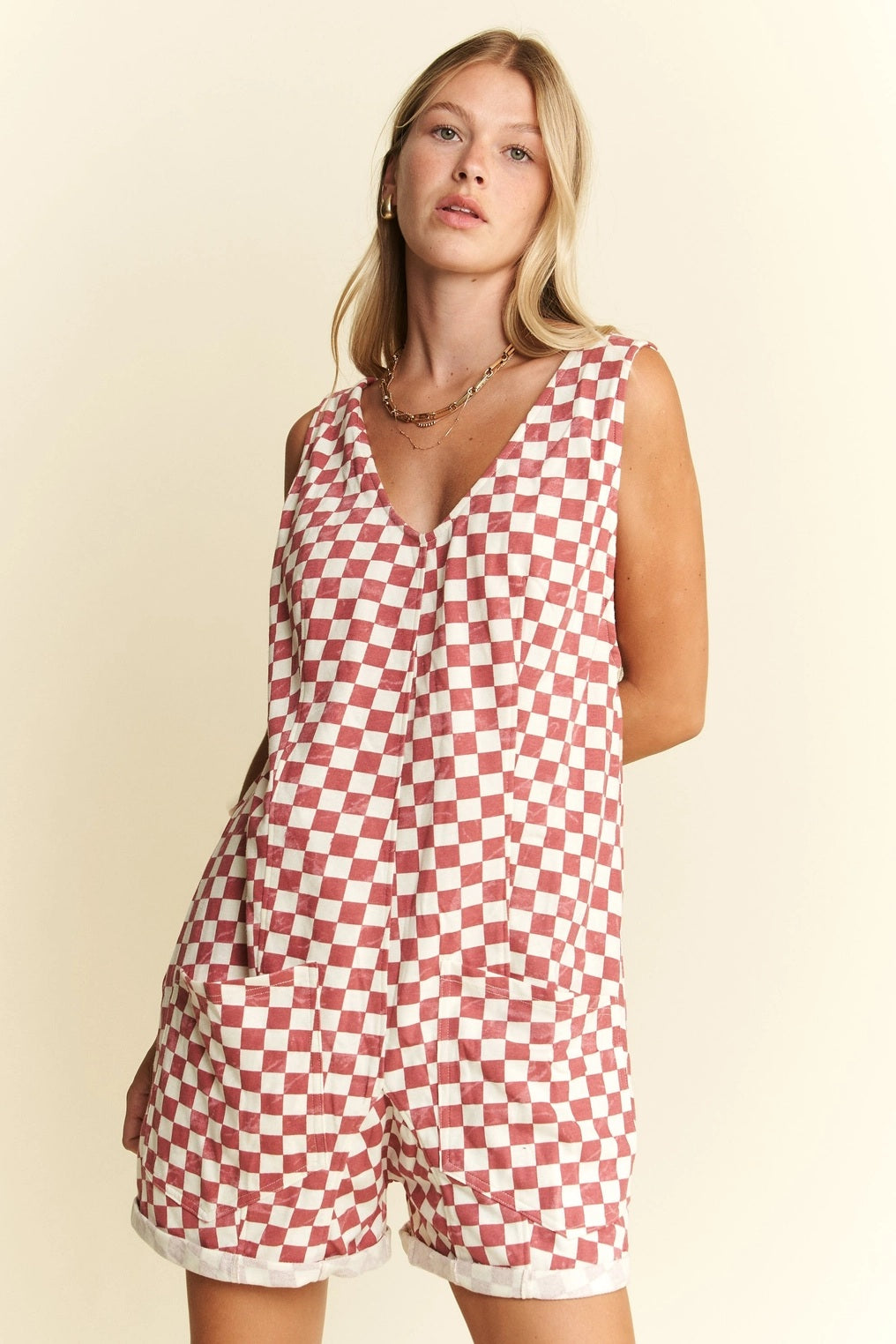 Checkerd Print Shorts Romper