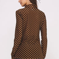 Mesh Checkered Top With Long Sleeves And Mock Neck