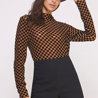 Mesh Checkered Top With Long Sleeves And Mock Neck