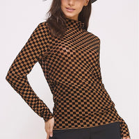 Mesh Checkered Top With Long Sleeves And Mock Neck