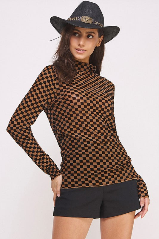 Mesh Checkered Top With Long Sleeves And Mock Neck
