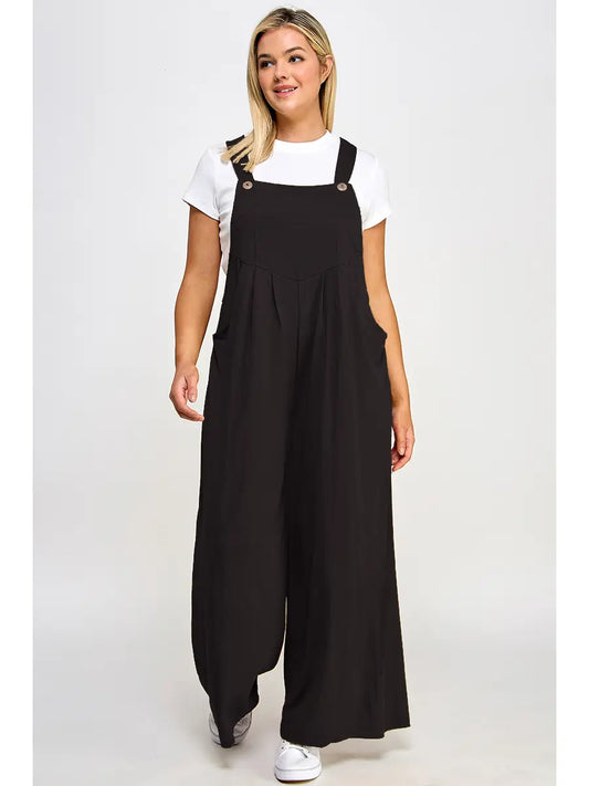 Black Plus Size Pleated Overalls With Pockets