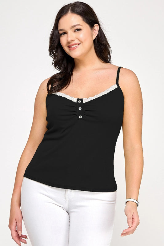 Black Plus Size Ribbed Knit Camisole With Lace Trim