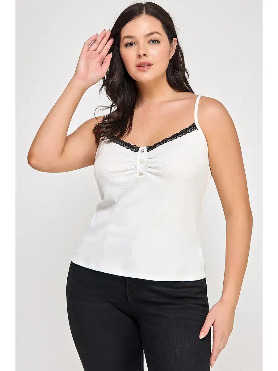 Whtie Plus Size Ribbed Knit Camisole With Lace