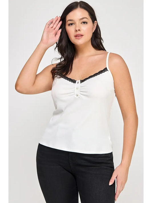 Whtie Plus Size Ribbed Knit Camisole With Lace