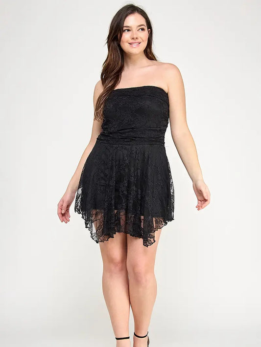 Black Plus Size Strapless Lace Mini Dress