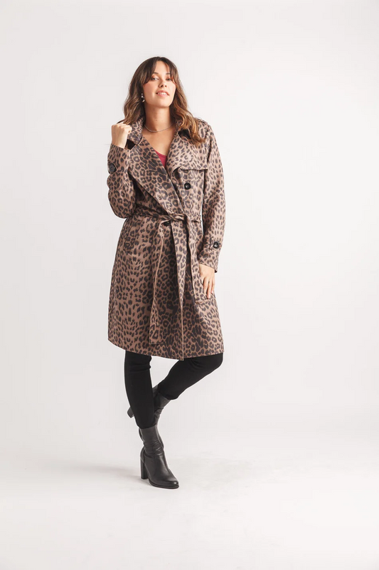 Faux Suede Animal Print Trench Coat With Pockets