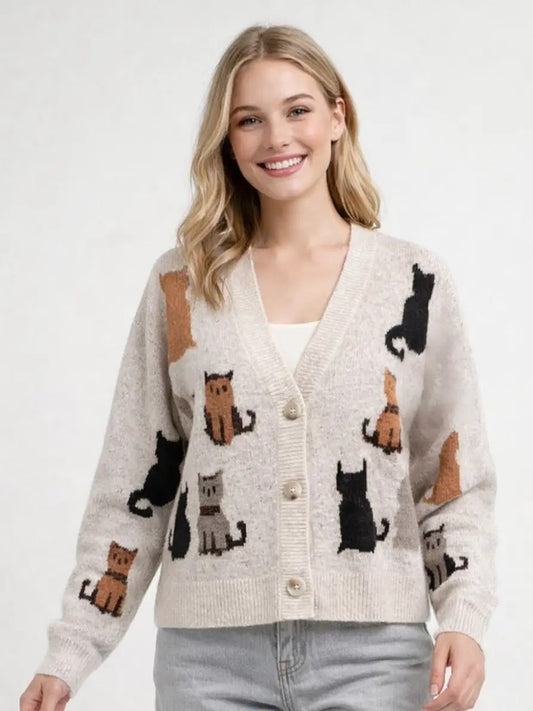 Multi-Cat Jacquard Cardigan