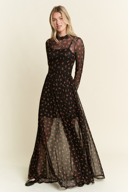 Black Cherry Print Maxi Dress