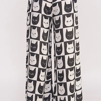 Mid Rise Cat FAce Print Straight Leg Satin Pants