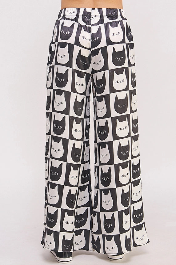Mid Rise Cat FAce Print Straight Leg Satin Pants Culture Craze