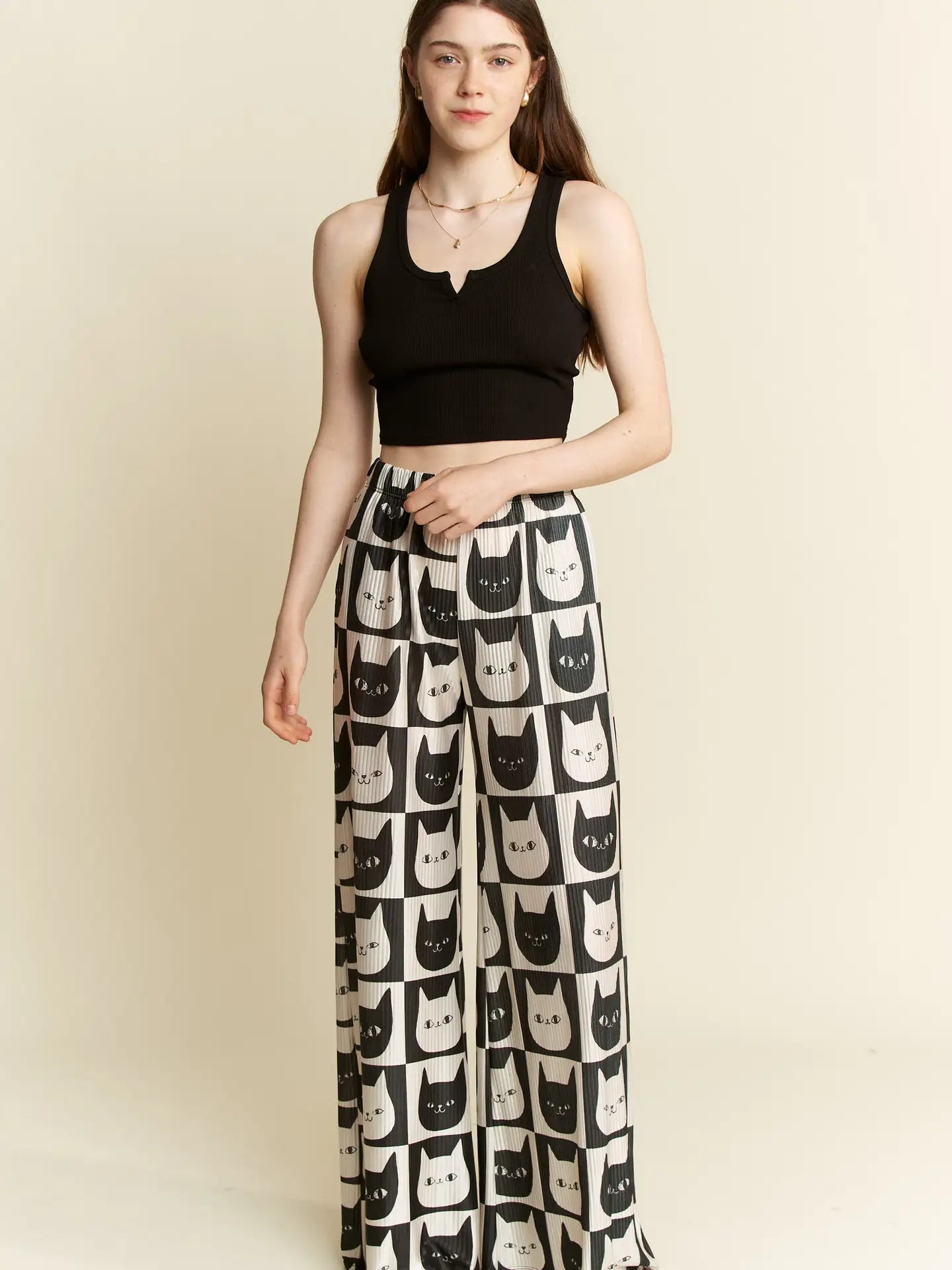 Cat Checkered Wide Leg Pants