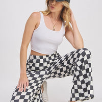 High Waist Checkered Straight Leg Knit Pants