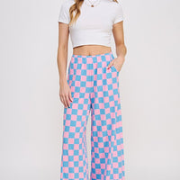 High Waist Checkered Straight Leg Knit Pants