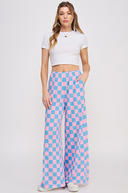 High Waist Checkered Straight Leg Knit Pants