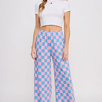 High Waist Checkered Straight Leg Knit Pants