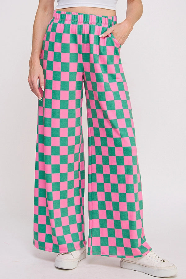 High Waist Checkered Straight Leg Knit Pants