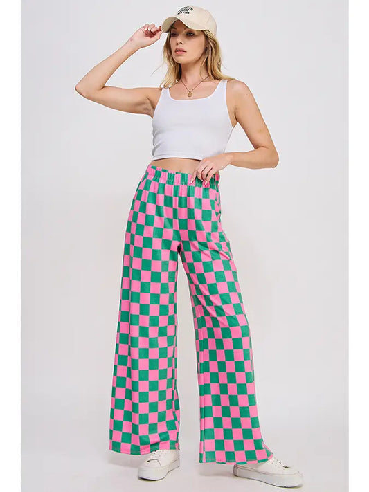 High Waist Checkered Straight Leg Knit Pants