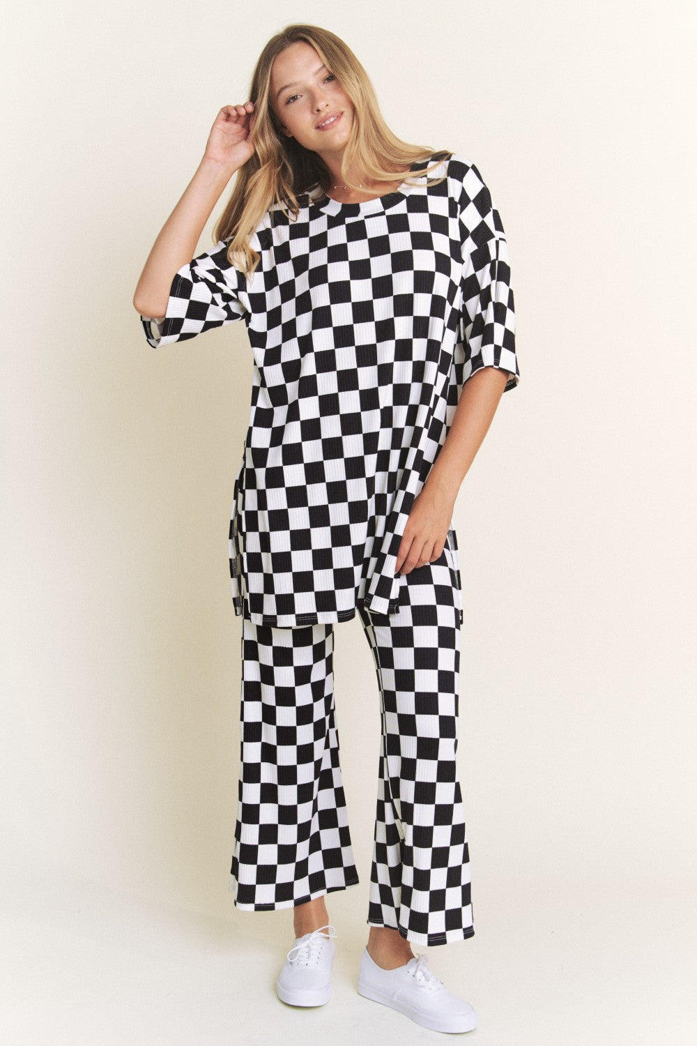Checkered Rib Print Pants Plus Size