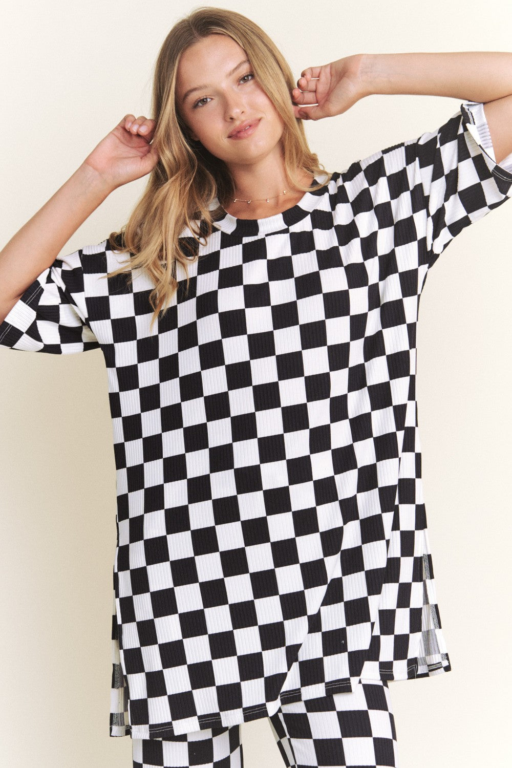 Checkered Rib Print Top