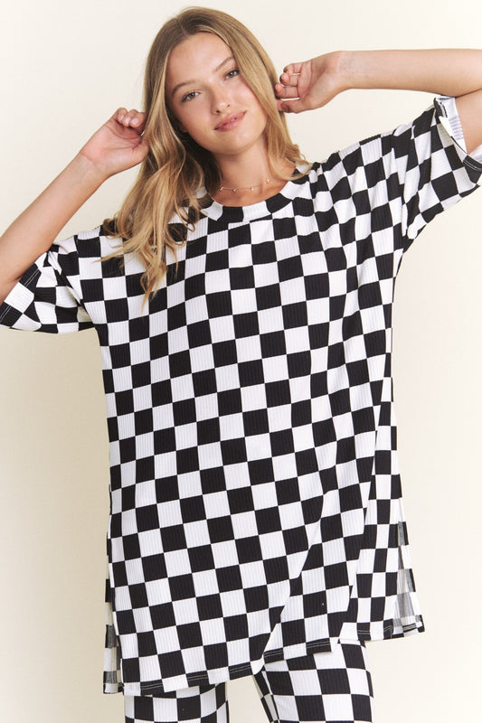 Checkered Rib Print Top
